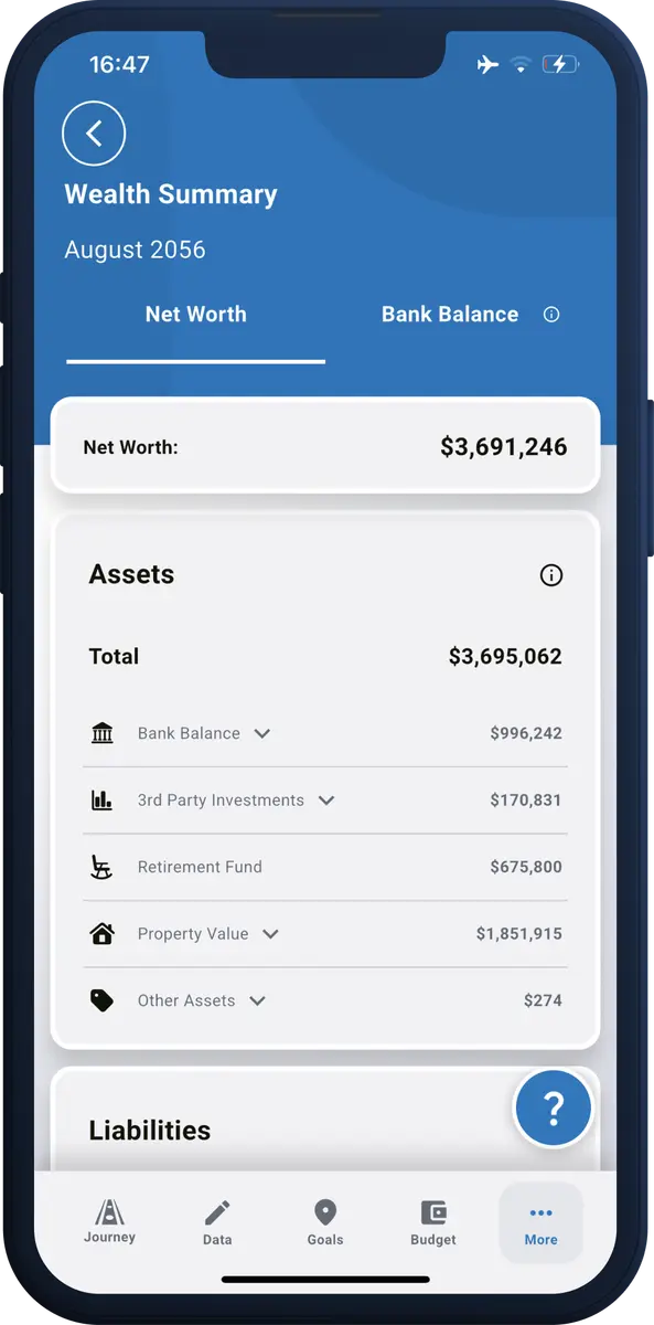 Wealth Summary screen showing a net worth of $3,691,246 broken down into bank balance, third party investments, retirement fund, property value and other assets