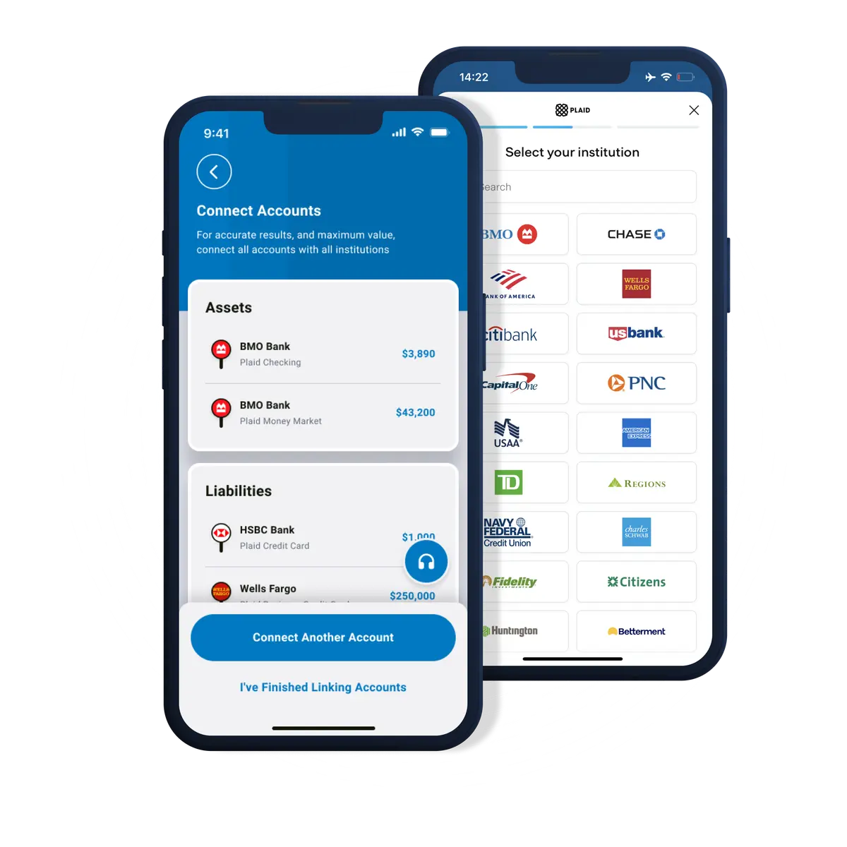 Connect Accounts screen listing linked assets and liabilities, alongside the Plaid institution picker showing banks such as BMO, Chase and Wells Fargo