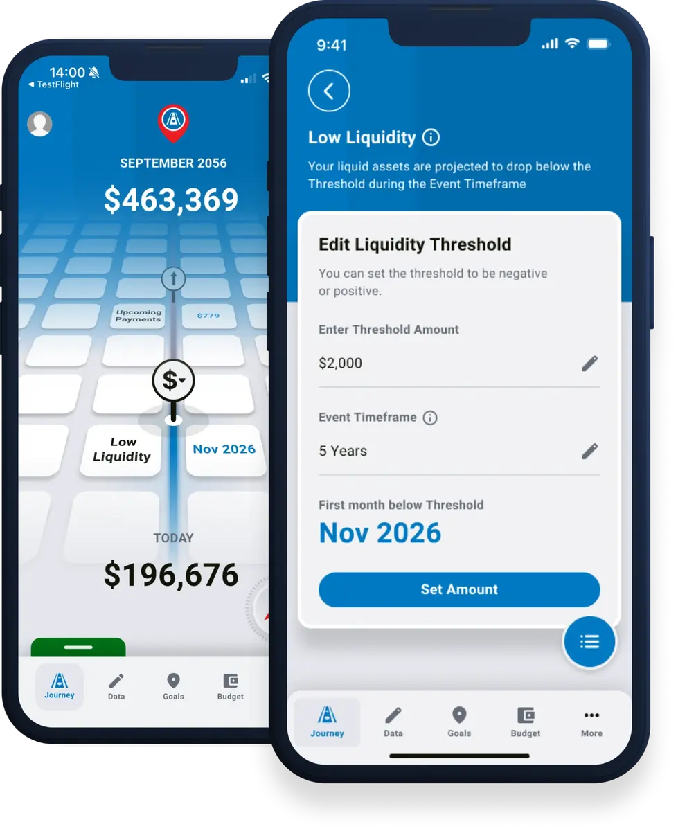 Low Liquidity screen warning that liquid assets are projected to drop below a $2,000 threshold within a five year timeframe, with November 2026 as the first month below it