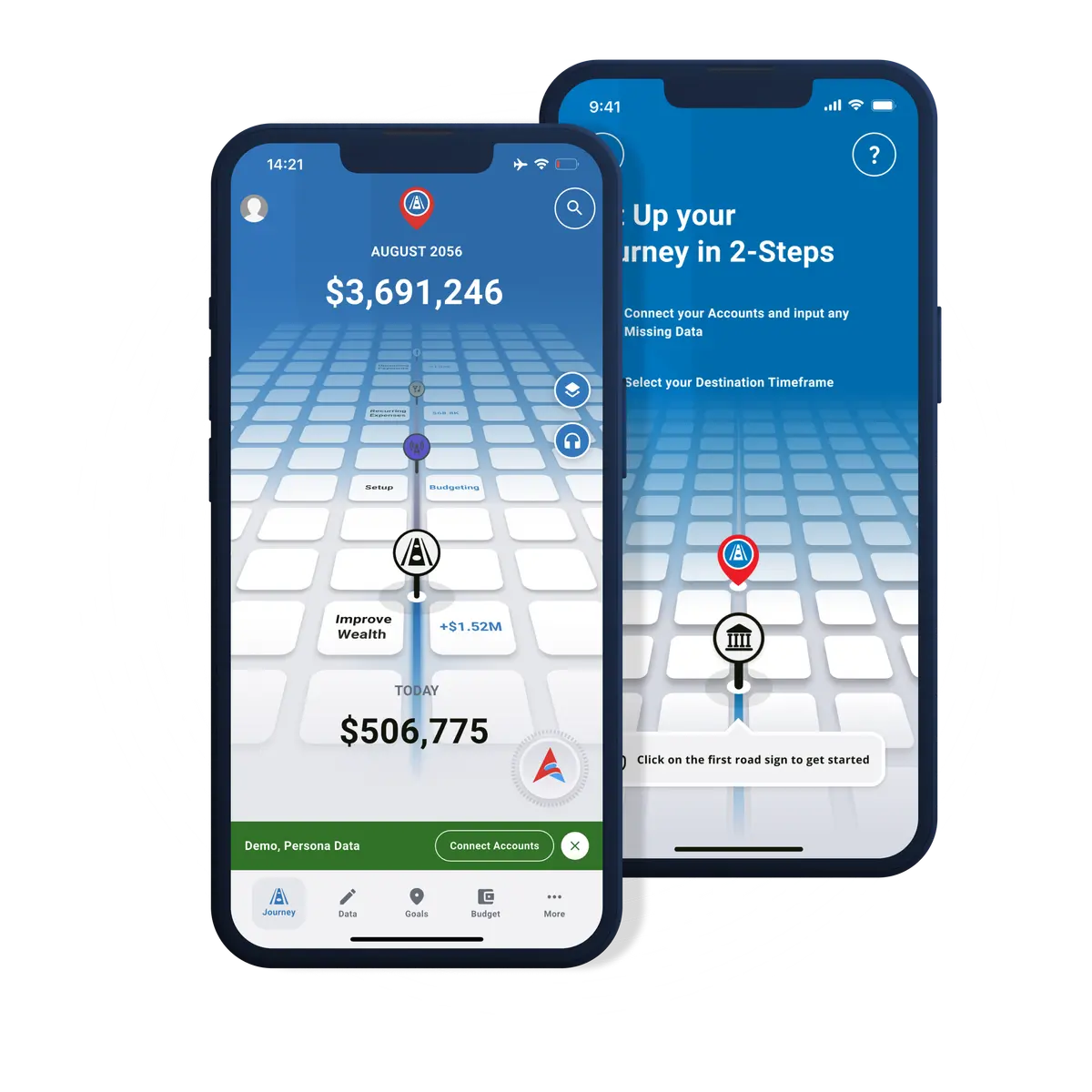 Your journey screen projecting $3,691,246 by August 2056 from $506,775 today, alongside the two-step setup prompt to connect accounts and pick a destination timeframe